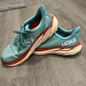 Hoka One One Clifton 8 blue and orange running shoes size 8
